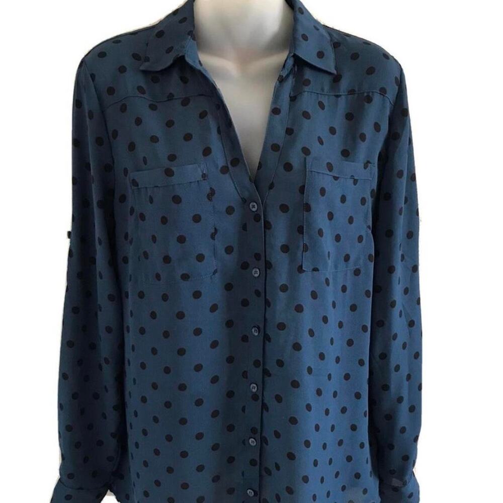 Philosophy republic blue polka dot Button Down Gathered Sleeve Top S